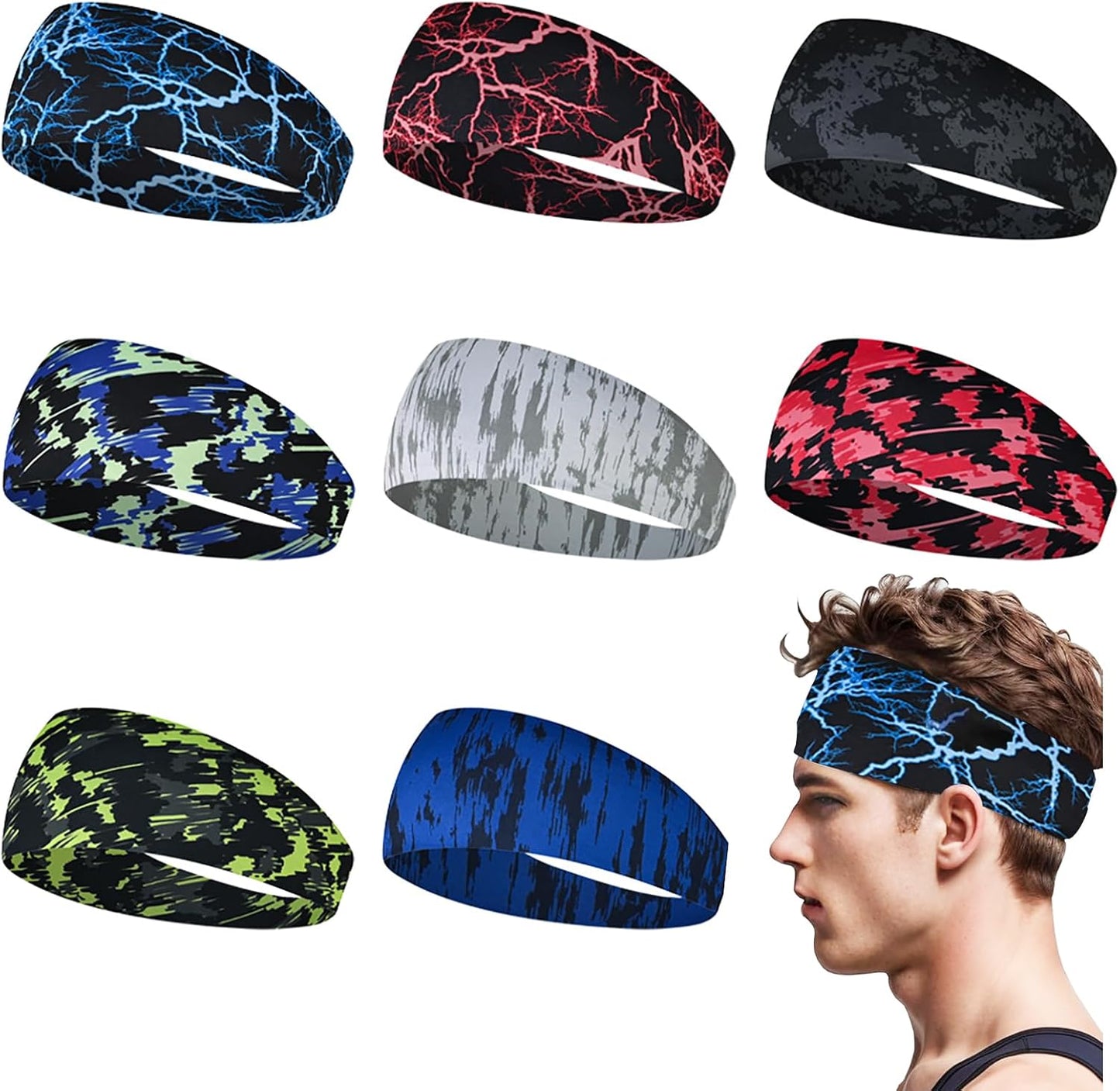 Men's 9-Pack Sports Headbands | Stretchy Sweatbands for Running & Workouts