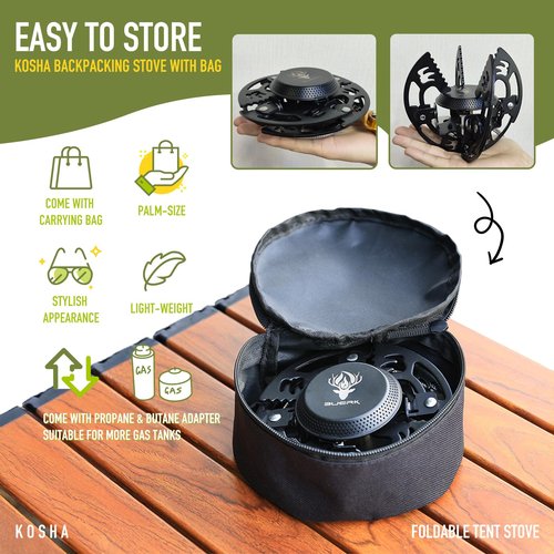 KOSHA Portable Camping Gas Stove, 12,970 BTUs Backpacking Stove with Piezo Ignition, Windproof Mini Camp Stove with Propane & Butane Adapter, Foldable Camp Equipment with Bag for Cooking