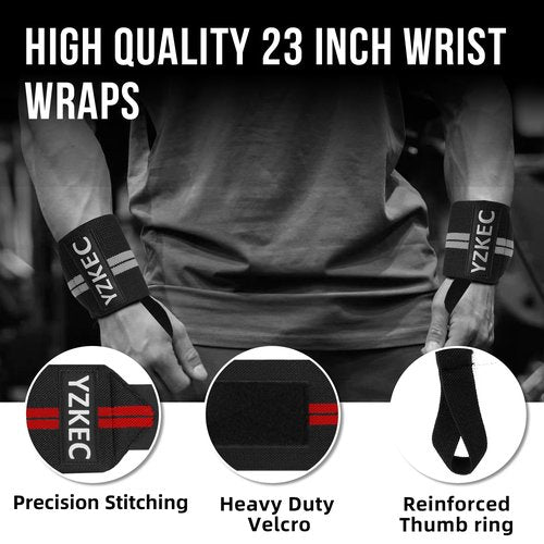 YZKEC Weightlifting Wrist Wraps with Thumb Loop，Best Wrist Support Braces for Weight Lifting, Bodybuilding, Strength Training，Lifting Straps for Women and men （Pair），Red
