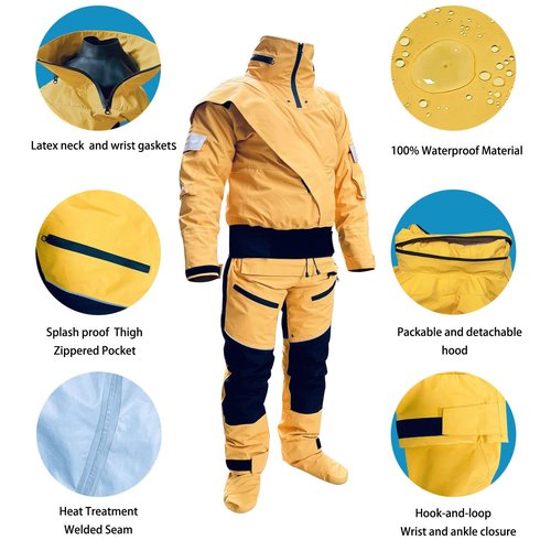 Dry Suits for Men in Cold Water Water Rescue Suit with Detachable Hood for Whitewater Canyoneering Kayaking Exploring (Yellow, Medium)