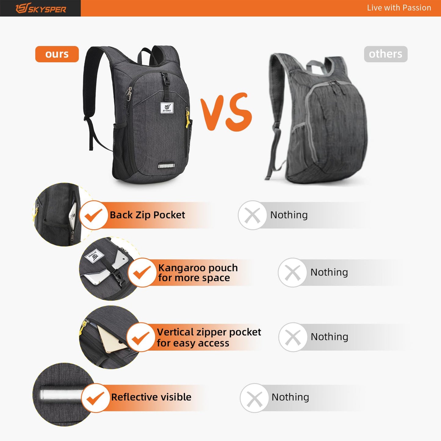 SKYSPER 10L Hiking Backpack Small Hiking Daypack Packable Lightweight Travel Day Pack for Women Men(Black)
