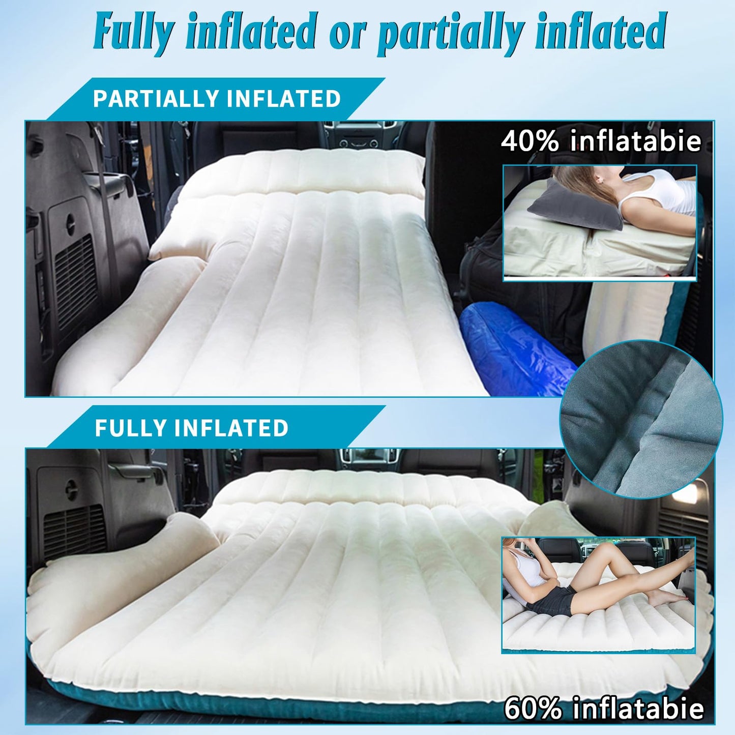 JESTMOTOR SUV Air Mattress Thickened and Double-Sided Flocking Travel Foldable Camping Bed for SUV Rear Seat and Trunk Camping Pickup Truck Bed Air Mattress, 76x51x4.7Inch (White Blue)