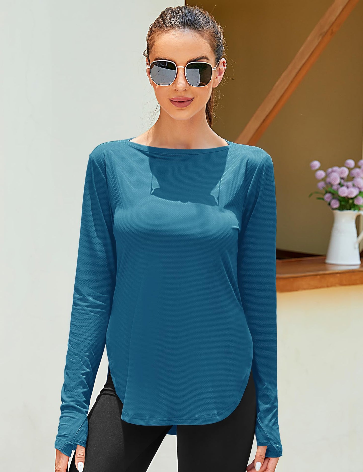 ZHENWEI Women's Sun Protection Workout Shirts Running Hiking UPF 50+ Tops Loose Fit Quick Dry Athletic Soft Lightweight Rashguard (Dark Blue, MS)