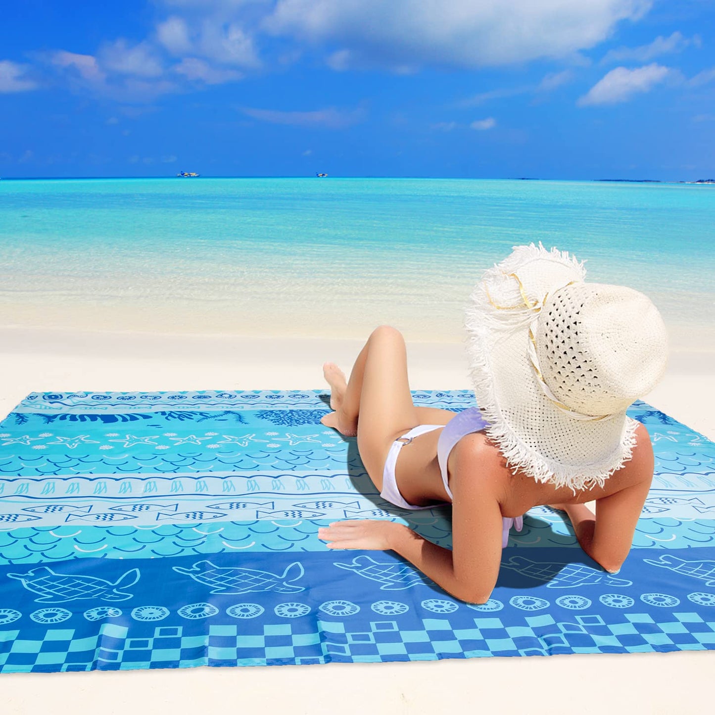 Airensky Beach Blanket, Sandproof Beach Mat 79" X 82" for 4-7 Adults, Large Waterproof Beach Blanket Quick Drying Lightweight Beach Blanket with 4 Stakes for Travel Camping Hiking(Blue Sea World)