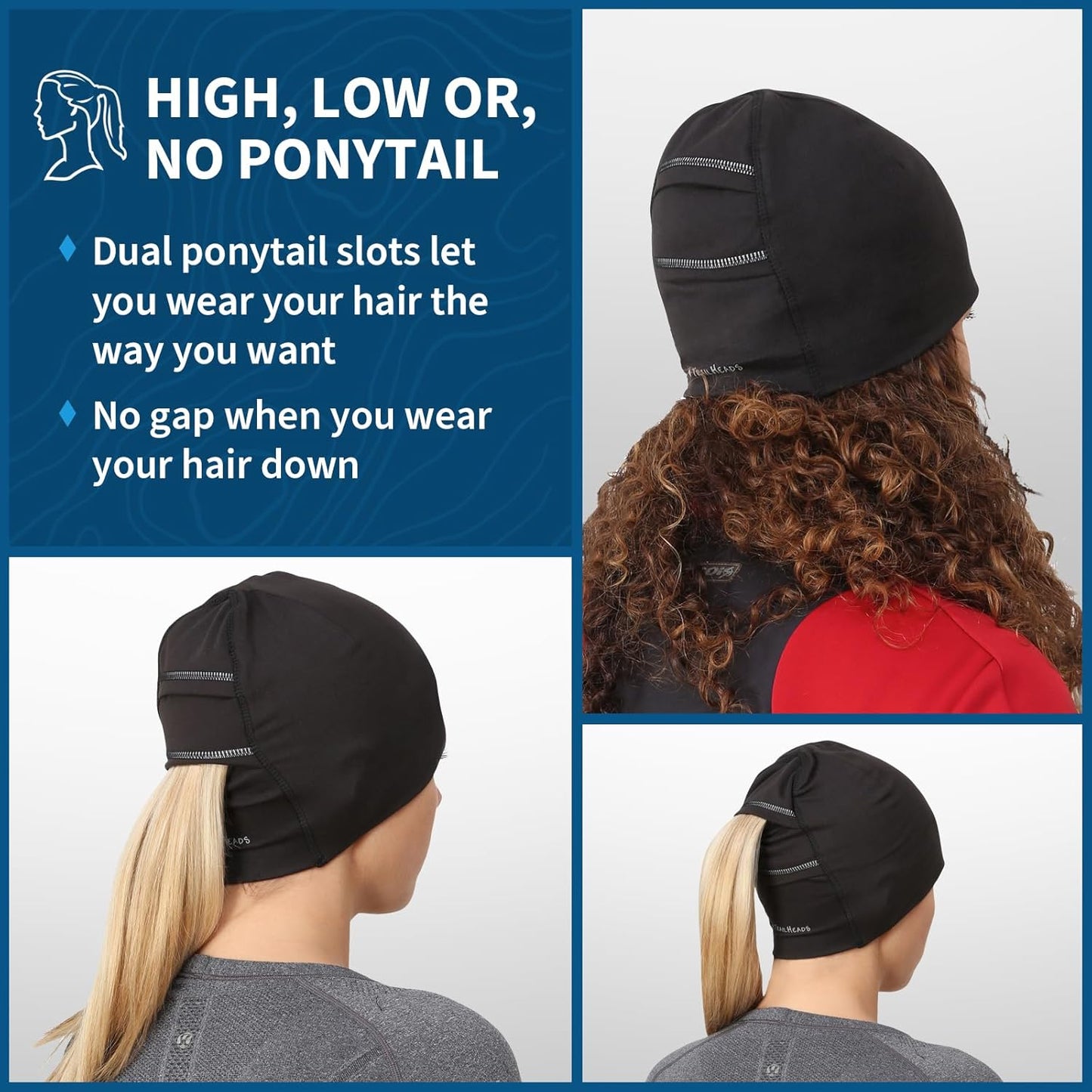 TrailHeads Ponytail Hat - Adrenaline Series | Women’s Running Beanie with Reflective Accents | Black Skull Cap