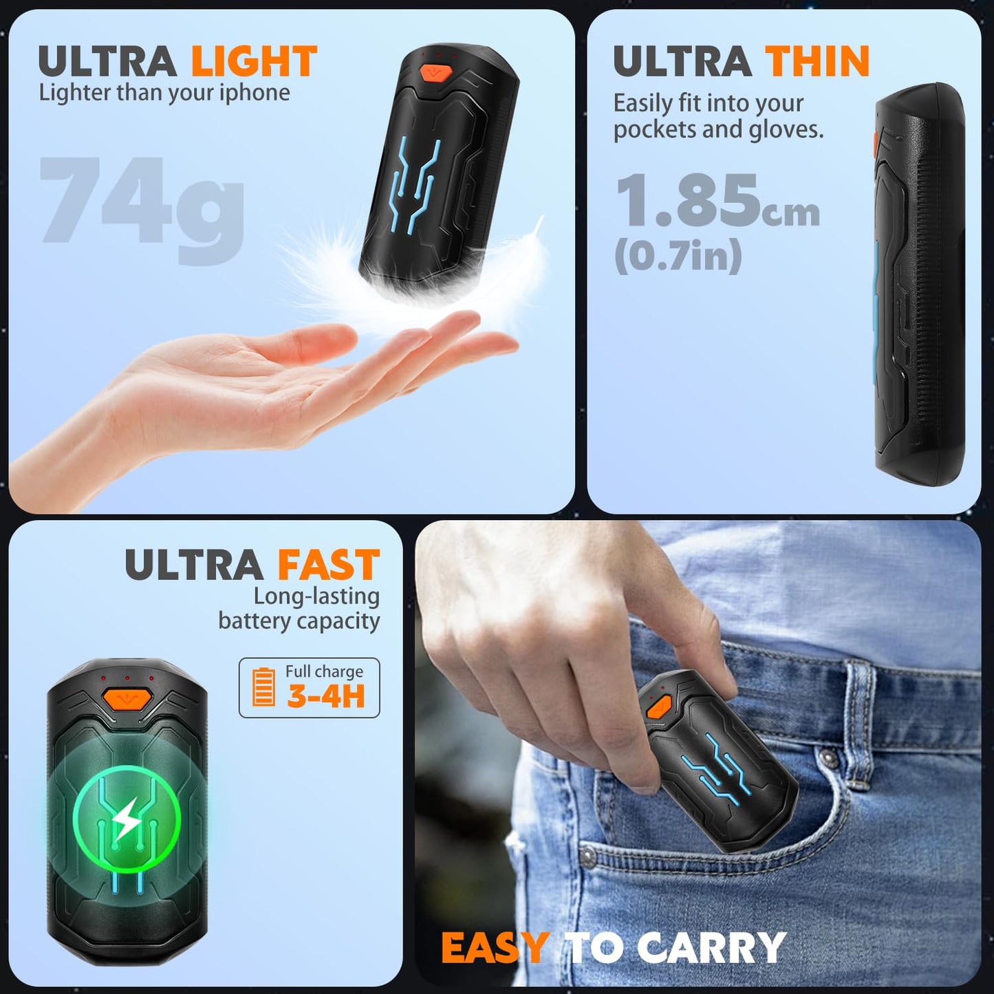 Hand Warmers Rechargeable, 2 Pack 20 Hrs Long Electric Heater, Portable USB Hand Warmer Pocket Heater, Outdoor Smart Safe Heat, Gifts for Christmas, Outdoor, Golf, Hunting, Camping Men Women（Black）