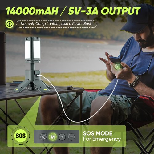 SakerPlus Portable Camping Light, 14000mAh Telescopic Camping Lantern with Rechargeable Power Supply, Dimmable Magnetic Tent Lamps 6000 Lumen Outdoor Work Lights for Hiking,Camping,Home Emergency