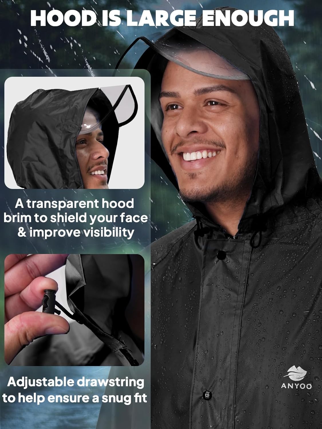 ANYOO Hood Rain Poncho Waterproof Lightweight Raincoat for Men Women Adult with Pocket for Hiking Camping Outdoor Activities