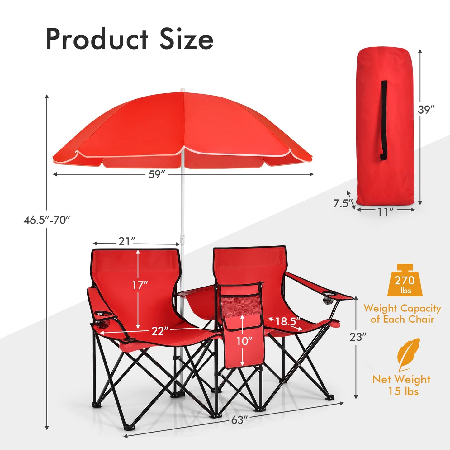 Julimoon Double Folding Camping Chairs w/Removable Umbrella, Portable Picnic Loveseat w/Mini Table, Cup Holder & Carrying Bag, 2-Person Picnic Chairs for Patio, Beach, Picnic, Outdoor (Red)