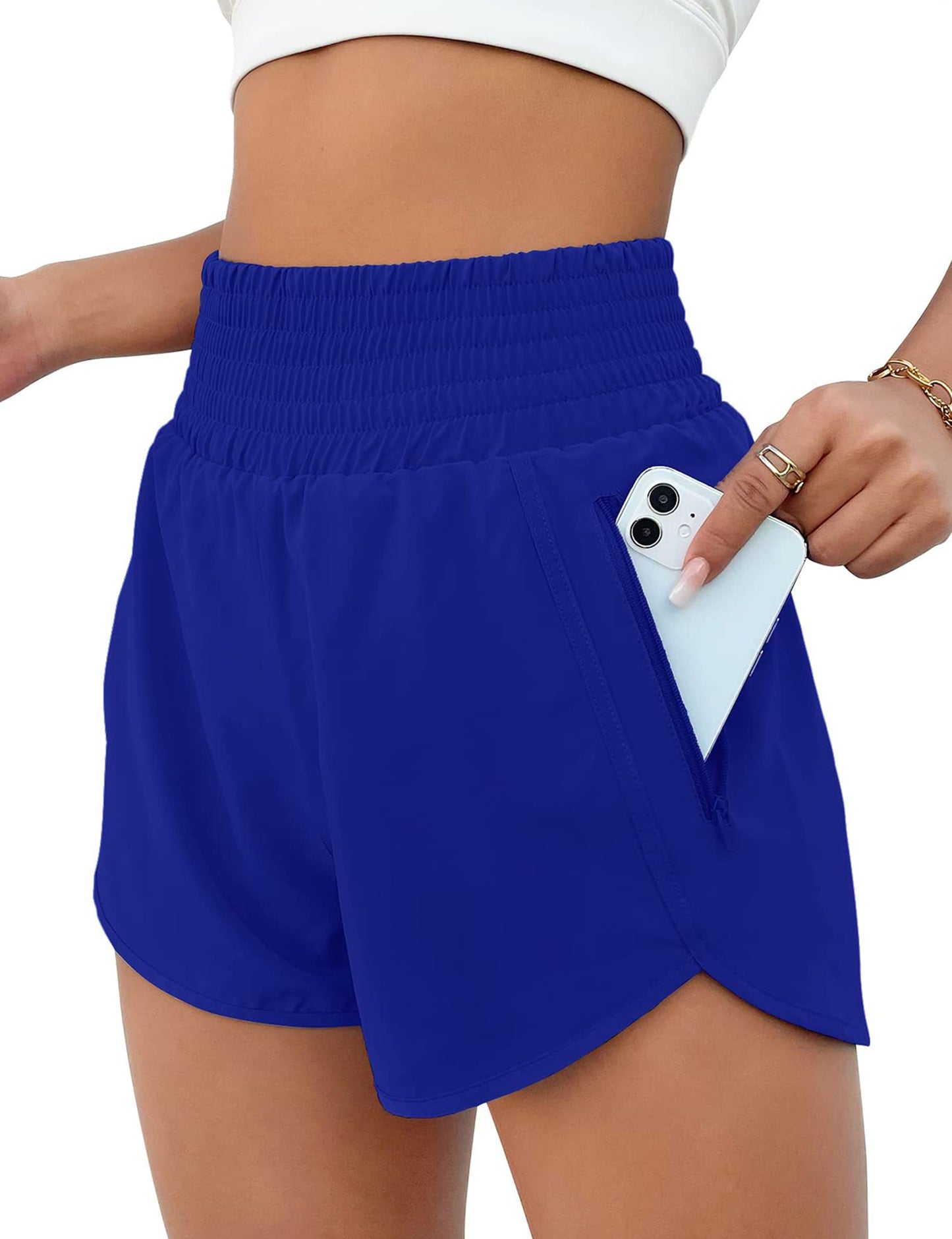 BMJL Women's Athletic Shorts High Waisted Running Short Pocket 2.5" Sporty Shorts Gym Elastic Workout Shorts(L,RoyalBlue)