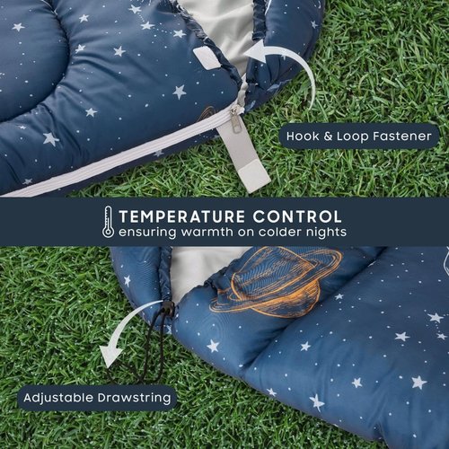 Wake In Cloud - Kids Sleeping Bag for Boys Toddlers, Camping in Warm Cold Weather, Backpacking Lightweight Compact Outdoor Liner for 3 Seasons Summer Spring Fall, Space Galaxy Navy