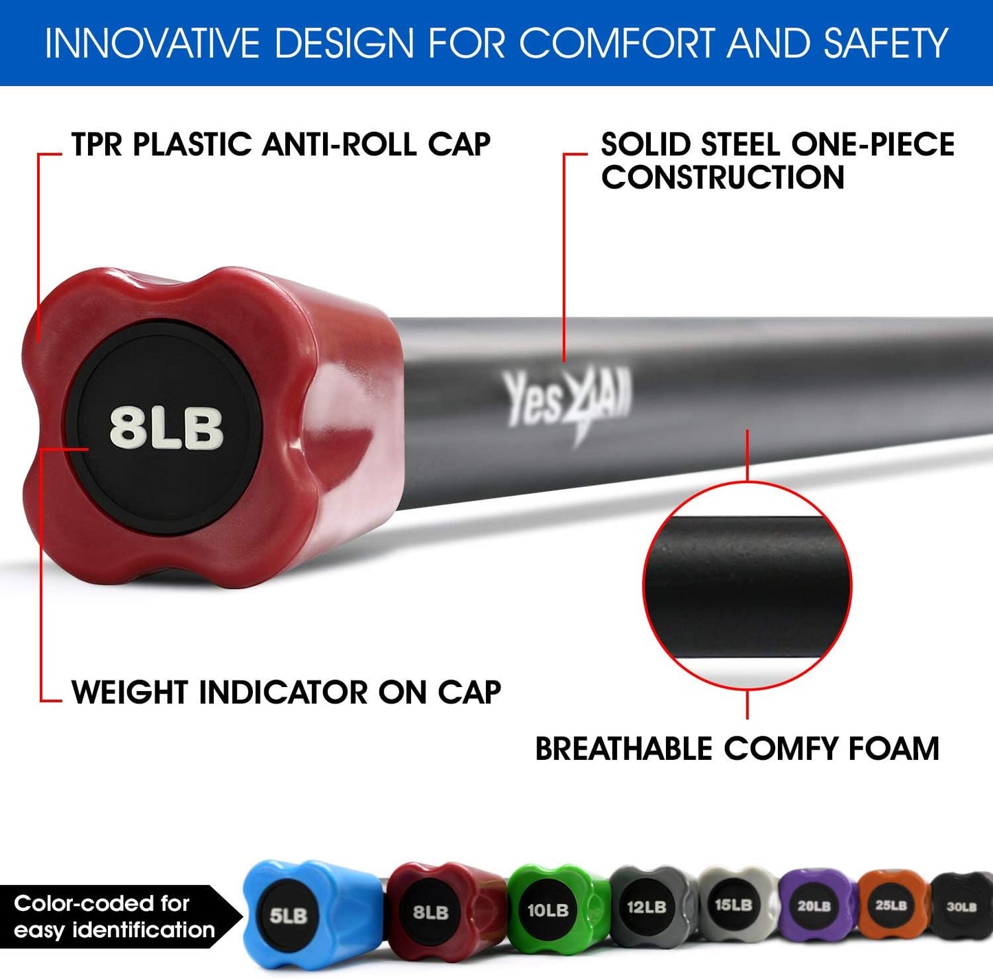 Yes4All Total Body Workout Weighted Bar, Resistance Band Bar, Racks for Strength Training, Exercise Bar for Yoga in Home and Gym - Single/Combo