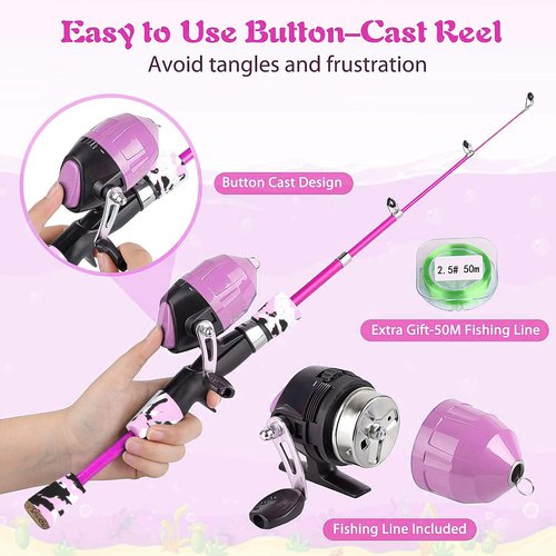 Milerong Kids Fishing Rod, Kids Toys Fishing Pole Portable Telescopic Fishing Rod and Reel Combo Kit for Boys, Girls, Youth - with Spincast Fishing Reel, Fish Tackles, Lures, Fish Lines [Pink]
