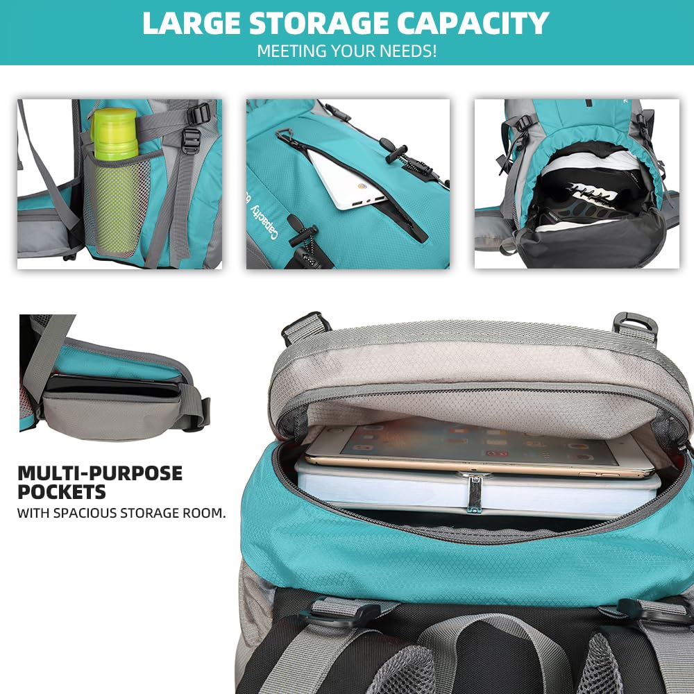 HongXingHai 70L Camping Hiking Backpack with Rain Cover Waterproof Backpacking Backpack for Hiking Treeking Climbing Outdoor (Lack Blue)