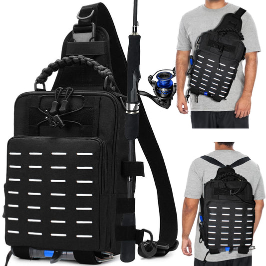 Zsrivk Fishing Tackle Bag with Earphone Hole, Lightweight Sling Shoulder Backpack Tackle Storage Bag with Rod & Gear Holder