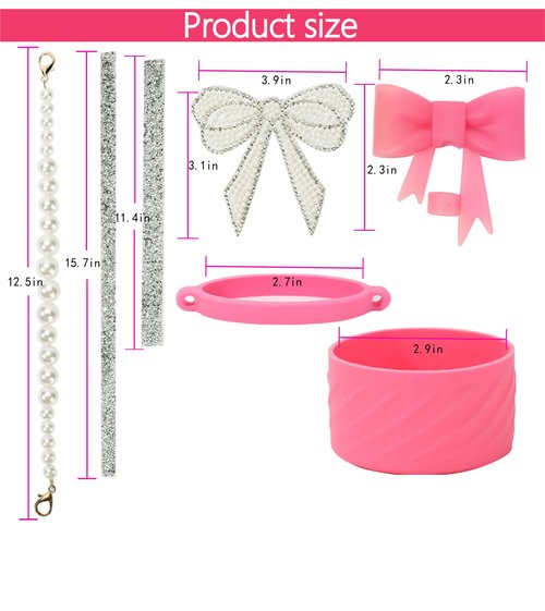 DJRF JJ Stanley Cup Accessories Set 40 oz 30 oz Stanley Cup Boot Silicone Strap Flash Star Decorative Sticker Charms Pearl Tidai Decoration (Bright pink7)