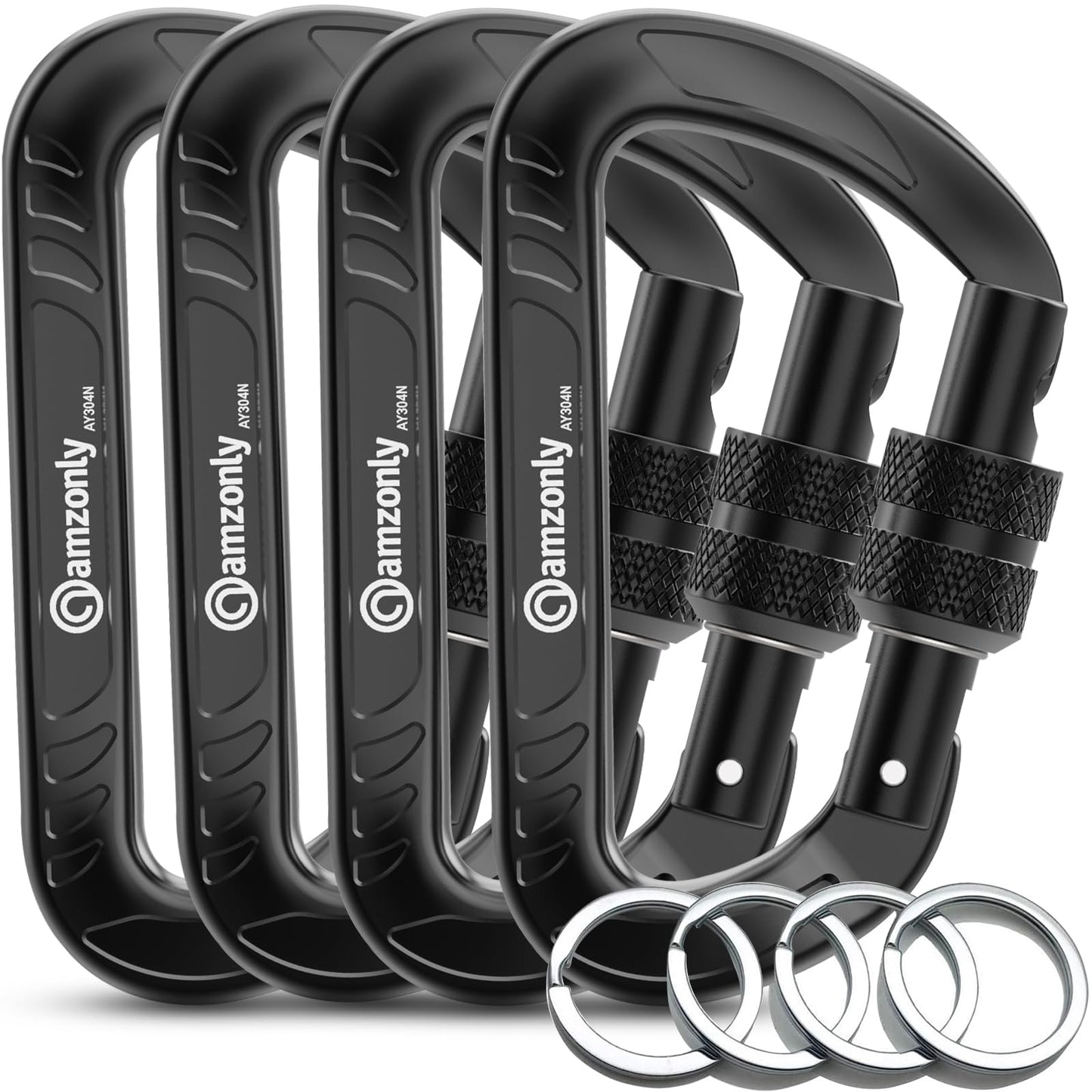 Amzonly 12kN Heavy Duty Carabiner Clip, Screw Locking Carabiner Clips for Securing Pets, Camping, Hiking, Hammock, Dog Leash Harness, Keychains Black, 4Pack