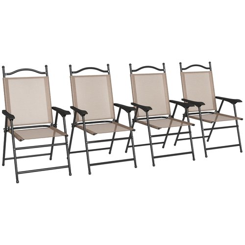Outsunny Folding Patio Chairs, Set of 4 Sports Chairs for Adults, Camping Chairs with Armrests, Breathable Mesh Fabric Seat for Lawn, Brown