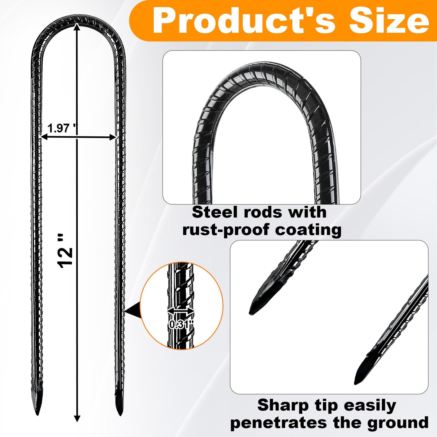 Fabulas Rebar Stakes, 12 Inch 12 Pack Ground Stakes U Hook Heavy Duty Metal Steel Trampoline Anchors with Chisel Point for Trampoline High Wind Chicken Coop Accessories Fence Gardening Tent Dog