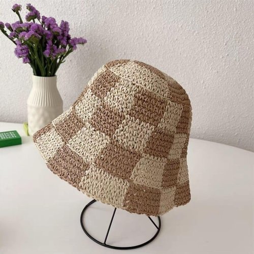 Sun Hats for Women Checkered Straw Bucket Hats UV Protection Sunhat Plaid Packable Sun Protection Hat Y2K Accessories (One Size,Khaki)
