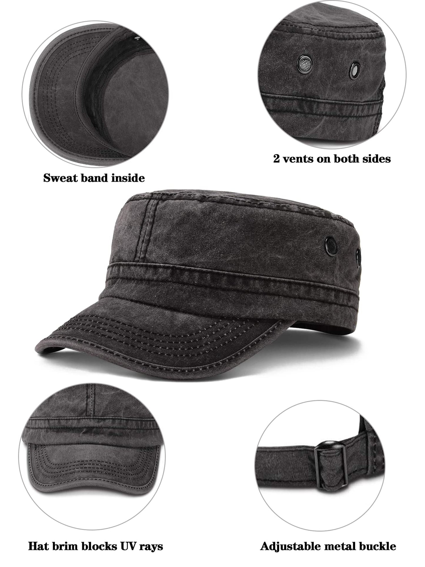 4 Pieces Cadet Caps Army Military Hats Washed Cotton Flat Top Hats Military Style Patrol Hat Adjustable Veteran Cap for Men