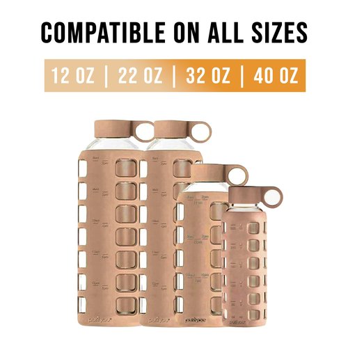 purifyou Replacement Cap for 40, 32, 22, 12 oz Reusable Glass Water Bottle with Time & Volume Markings, Non-Slip Silicone Sleeve, Stainless Steel Lid Insert Sports Bottle for Water, Juice (IcedCoffee)