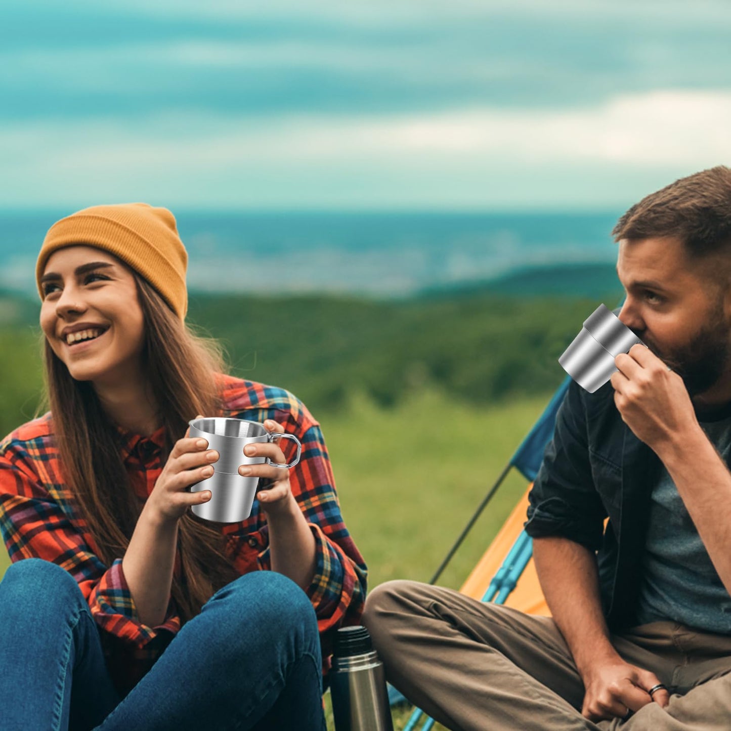 4-Pack Stainless Steel Camping Cups with Foldable Handle, 10 oz Camping Coffee Mugs with Double Wall Design, Ideal for Outdoor Activities, Travel, and Home Use