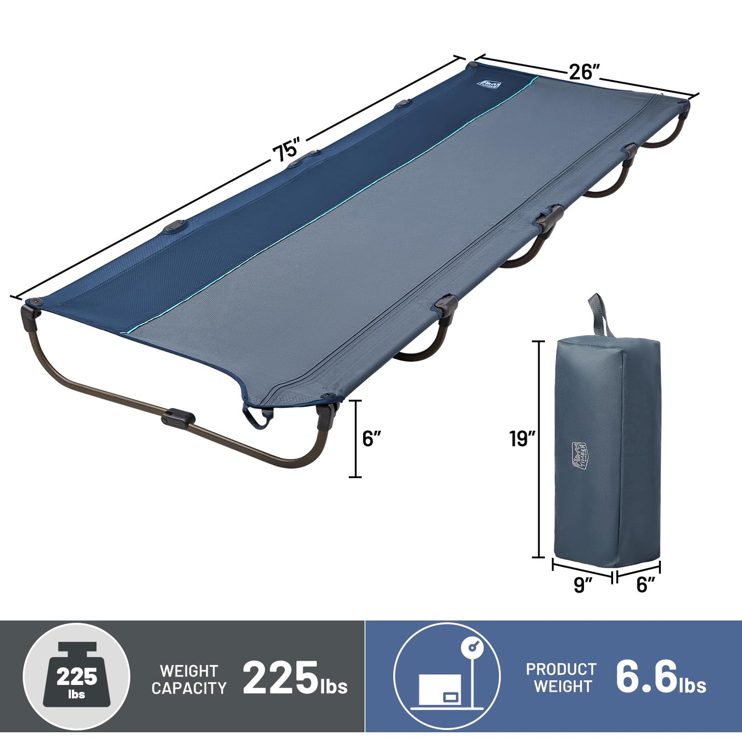 TIMBER RIDGE Lightweight Aluminum Camping Cot, 20-Second Quick Set-Up Folding Cot with Zipper Closure, Portable Carry Bag Included for Camping, Travel and Outdoors, Support up to 225lbs, Blue