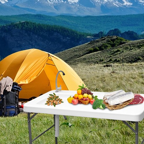 HiEthan Folding Outdoor Camping Sink Station with Hose Hook Up, Heavy Duty Fillet Table with Faucet for Dock Beach Patio Picnic