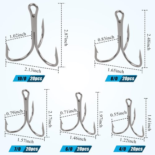 Classic Treble Hooks,20pcs Large Treble Fishing Hooks Saltwater Treble Hooks Silver Big Game Triple Barbed Fish Hooks Saltwater Fishing Hooks Size 4/0 6/0 7/0 8/0 10/0