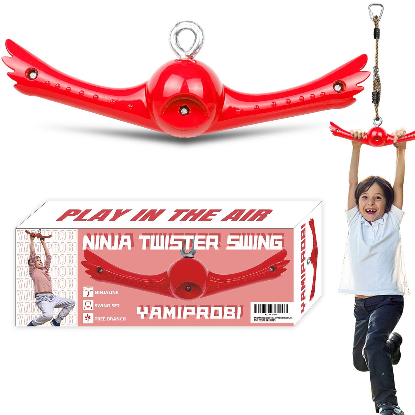 Ninja-Twister Swing Spins Set: Slackline Attachments - 360° Handle Twist-Spin Flips Toy Activate Ninja Powers Warrior Accessories Kids Hang Toys for Playground Backyard, Red