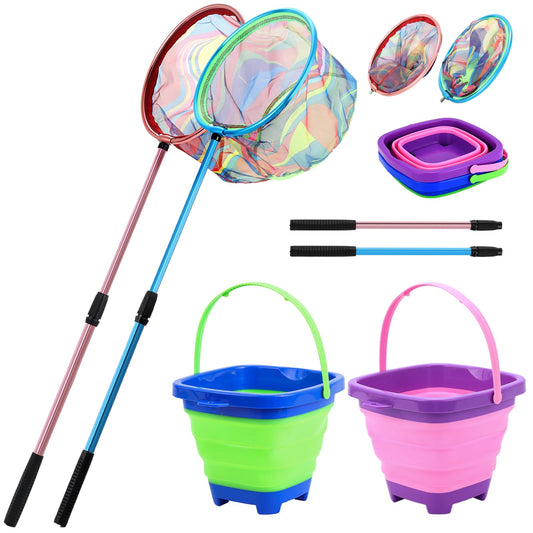 Kids Fishing Net, 2 Pack Telescopic Landing Nets with Aluminum Pole Handle, Collapsible Kids Bucket Sand Pail, Butterfly Net for Kids, Fishing Net for Kids Youth, Outdoor Playing (Pink and Blue)