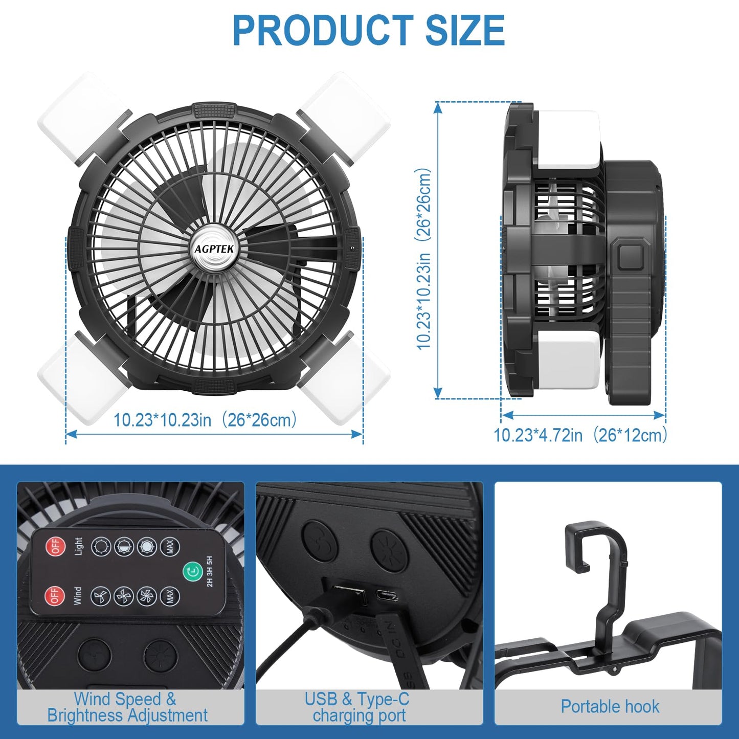 AGPTEK Portable Outdoor Fan - 8000mAh Rechargeable Battery with LED Light Lantern & Hook, Ideal for Picnics, BBQ, Fishing, Travel & Camping