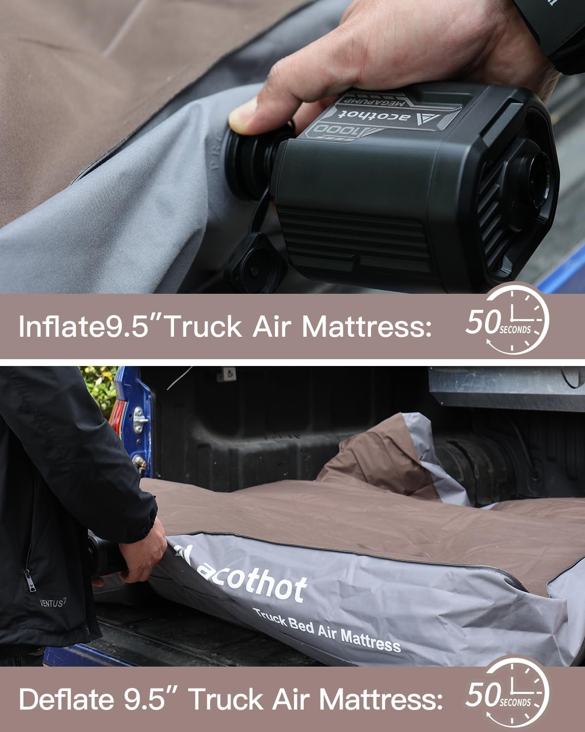 ACOTHOT Truck Bed Air Mattress with Cordless Rechargeable Air Pump, Peachskin Fabric Truck Bed Mattress with 2 Pillows Fits 5.5-5.8ft Short Beds | 9.5" Height Mattress Perfect for Outdoor Camping