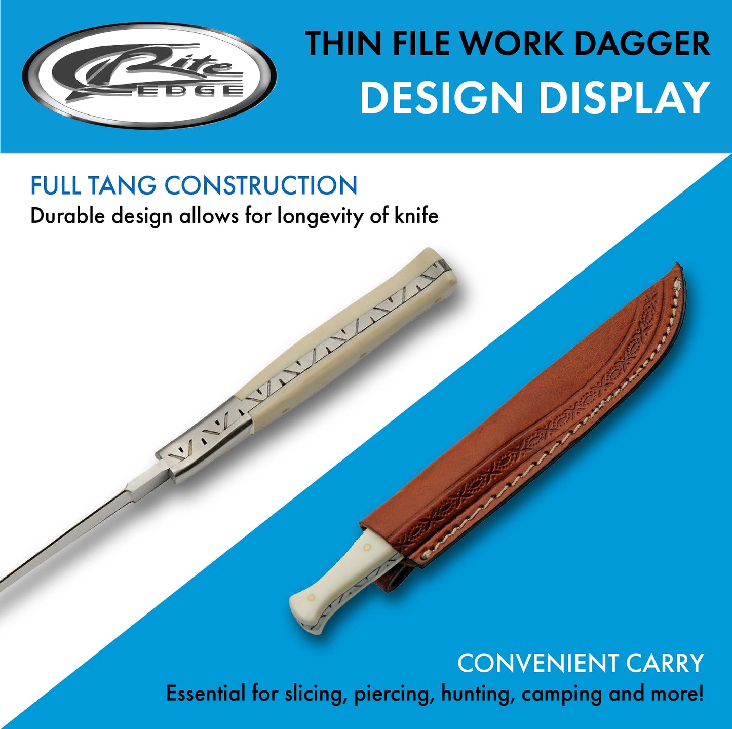 SZCO Supplies DH-8037BO Slim Full Tang Bone Handle File Work Double Edged Knife with Sheath, 8.5" Length