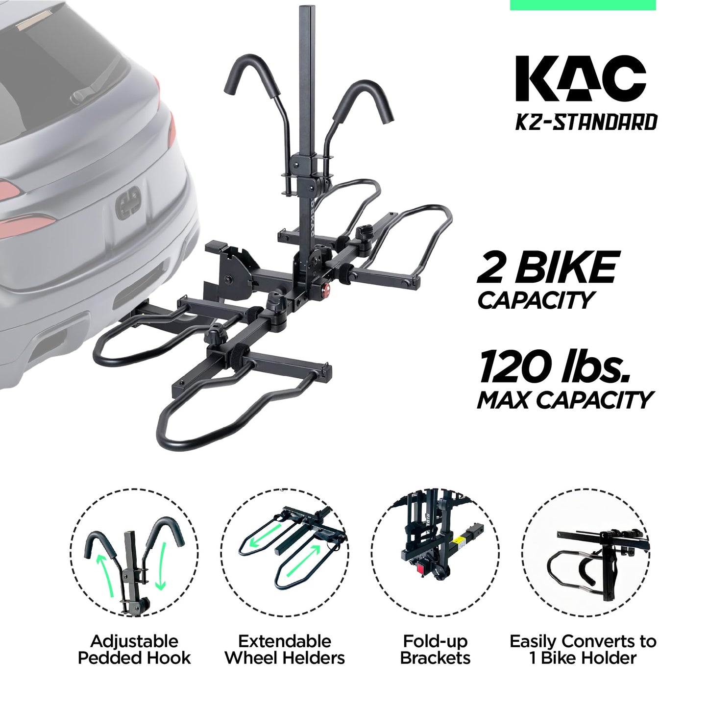 KAC Premium Bike Rack for Car, SUV, Hatchback Mount - Anti-Wobble Hitch & Quick Release Lever for Bikes - Heavy Duty Bicycle Carrier, Easy to Assemble/Install - Tire & Frame Straps Included (2 Bikes)