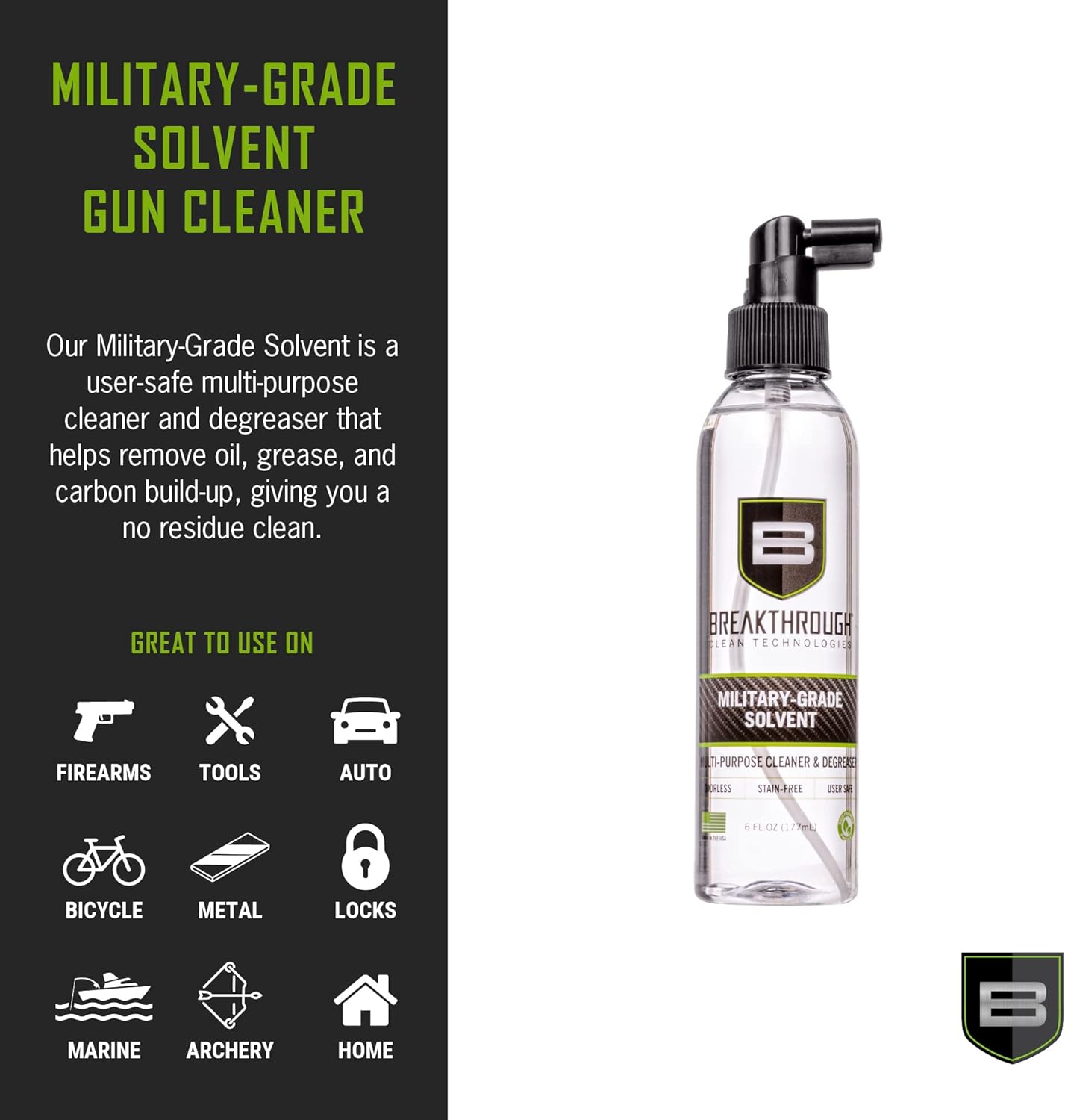 Breakthrough Clean Technologies Military-Grade Handgun and Rifle Cleaning Solvent, Grease Remover - 6oz/2oz/15ml/32oz Spray Bottle