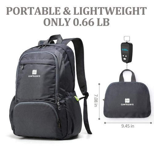 CLANTRILOBITE Lightweight Packable Travel Backpack, 30L Grey Daypack Hiking Backpack for Women Men, Waterproof and Foldable, Travel Backpack Carry on Flight Approved