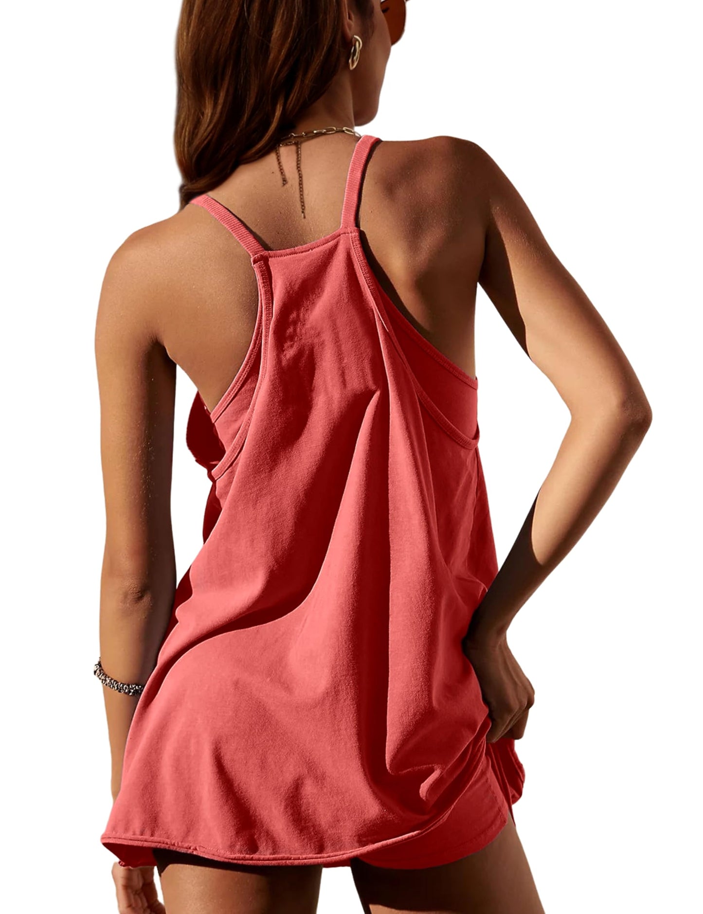 Lentta Womens Athletic Sleeveless Mini Dress with Built-in Shorts V Neck Spaghetti Strap Sundress(Red-XS)