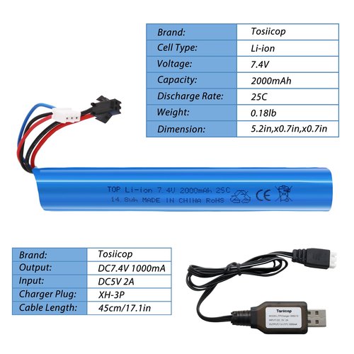 Tosiicop Airsoft Gel Blaster Battery - 7.4V 2000mAh LiPo Batteries for Splatter Ball Accessories SRB400 SRB1200 SRB400-SUB Water Bead MP5K M4 M110 with SM-2P Plug Rechargeable Charging Cable