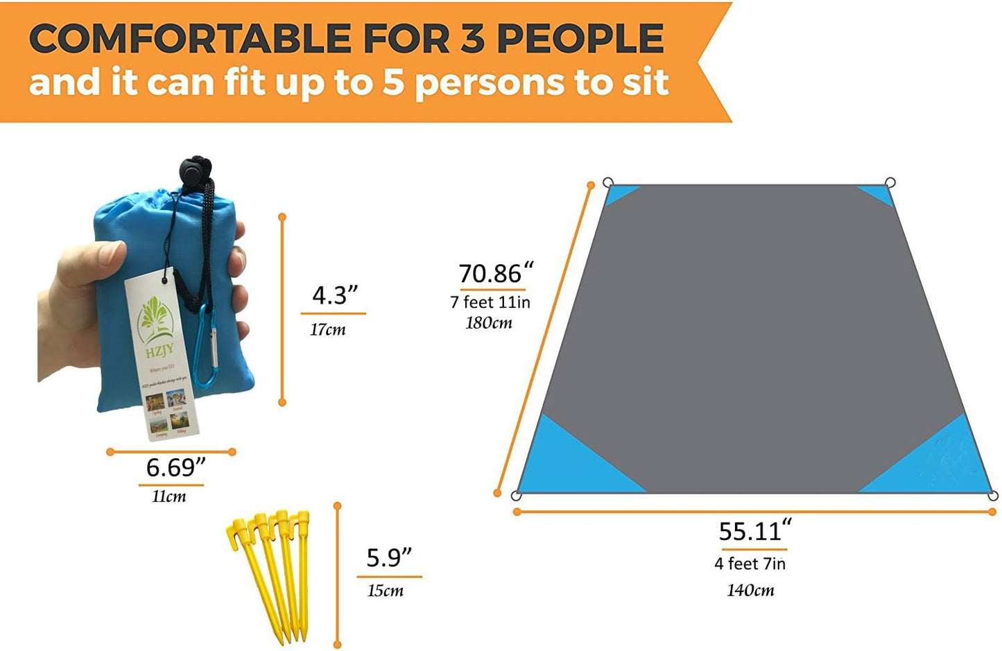 Outdoor Blanket (71" x 55") -Compact, Lightweight, Sand Proof Pocket Blanket Best Mat for The Beach, Hiking, Travel, Camping, Festivals with Pockets, Loops, Stakes, Carabiner