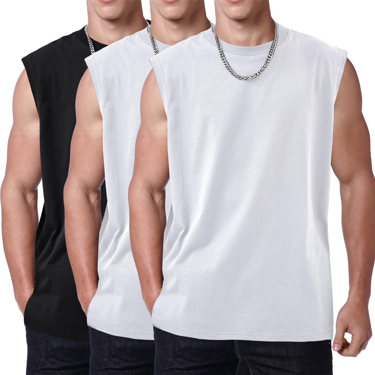 3 Pack Mens Workout Tank Tops Sleeveless Tee Shirts Men Muscle Shirt Gym Cotton T Shirts Running Beach Loose Fit Tee（XZG,BKWTWT,L