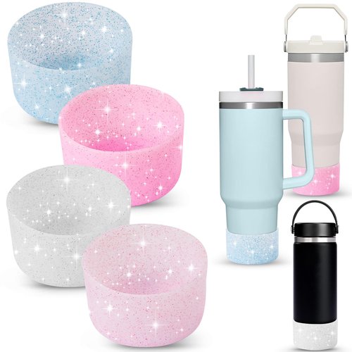 VZZNN 4-Pack Protective Glitter Silicone Boot for Stanley Quencher 20-40 oz and Hydroflask 12-24 oz,Compatible with All Water Bottles with Bottom Width of 2.85-3.56in（Blue Pink Purple Silver）