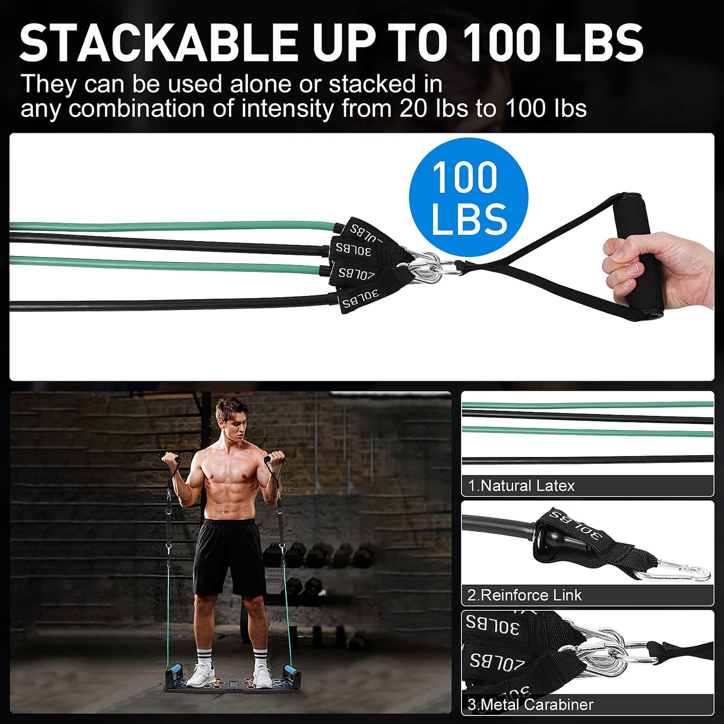 Fueti Home Gym Equipment, with Automatic Count Push Up Board, 30 in 1 Home Workout Set with Foldable Push Up Bar, Resistance Band, Jump Rope, Drawstring Bag, Back, Abdominal Workout