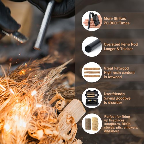 SET007 Oversized Flint & Steel Fire Starter Kit - 5" x 1/2" Ferro Rod, Large Ferro Rod Striker for Camping Emergency,25,000+ Sparks,550 Paracord Landyard, Drilled Flint for Survival, Hiking, Black
