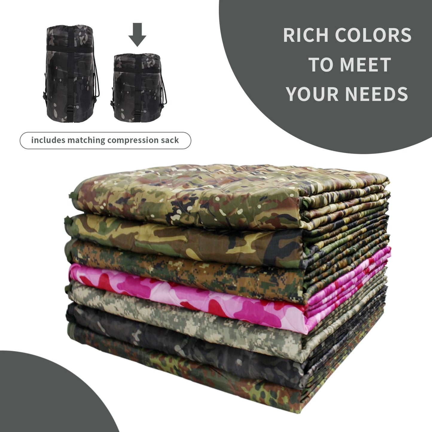 GRVCN Military Blanket - Camping Sleeping Bag with Zipper, Poncho Liner Thermal Insulated Blanket, Lightweight Portable Outdoor Hiking Survival Compression Carry Bag