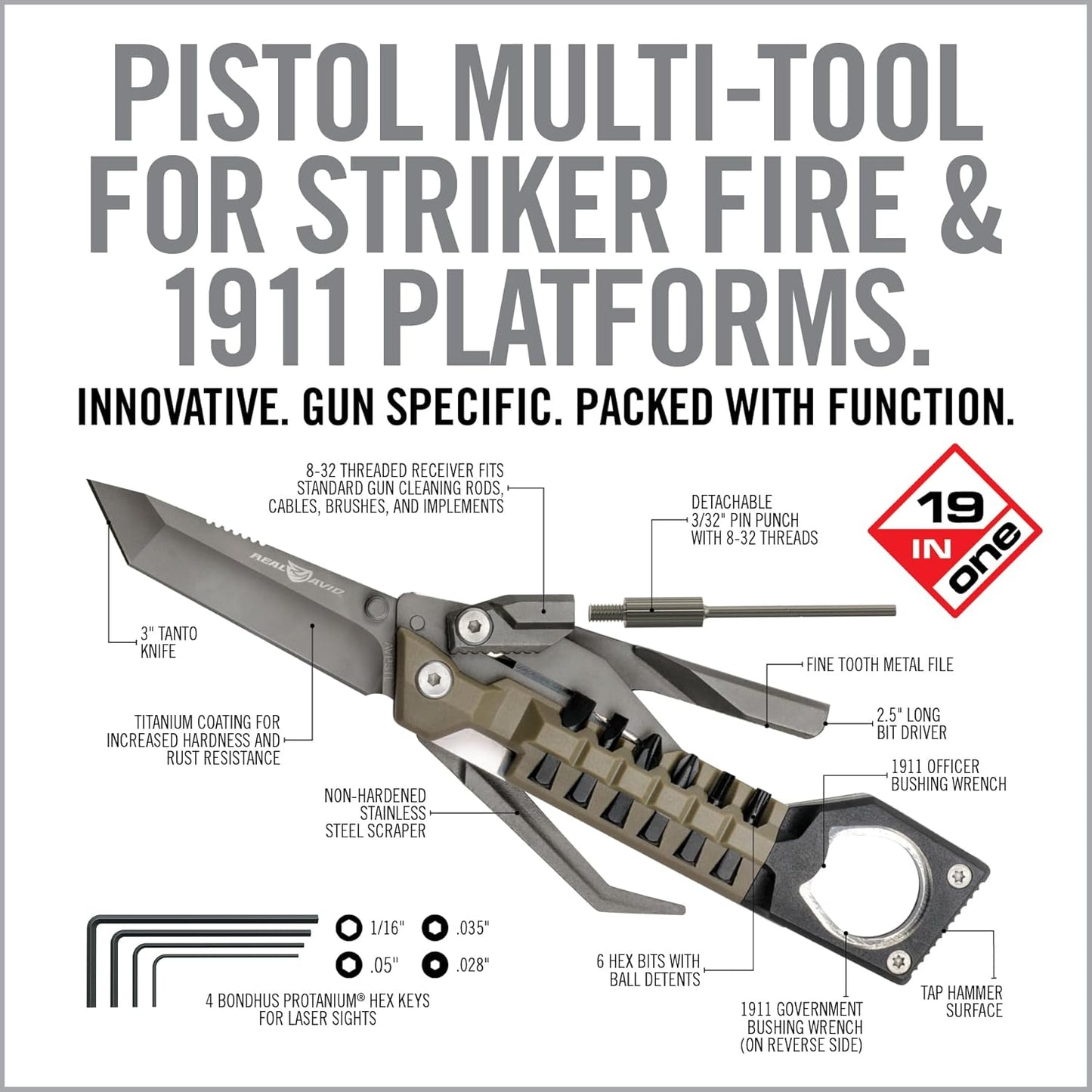 Real Avid Pistol Tool for Gun Maintenance | 19 in 1 Pistol Multitool & Handgun Utility Tool for Striker Fired & 1911 Platforms, Includes 1911 Bushing Wrench, Tanto Knife & Laser Sights Adjusters