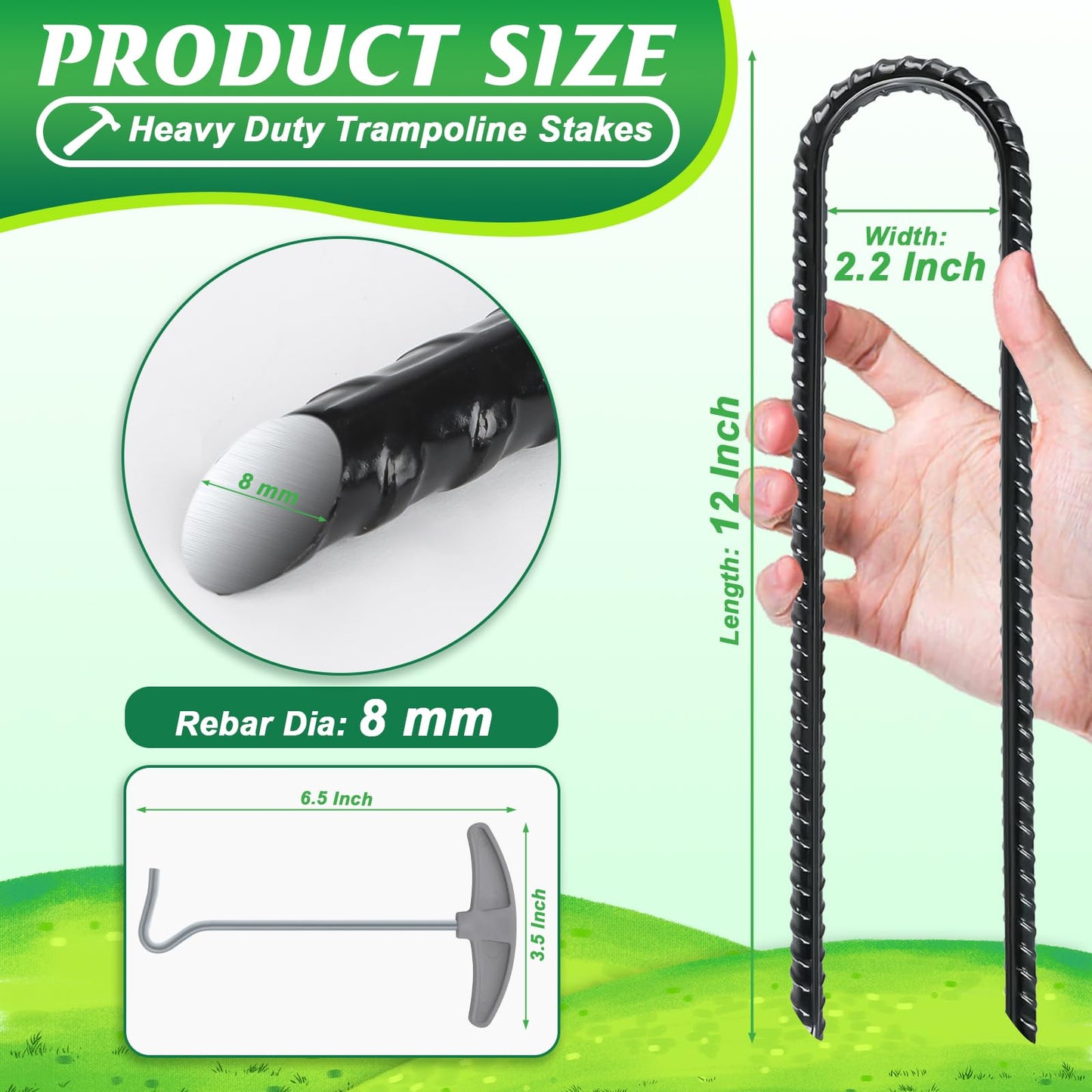 Gtongoko 8 Pack Trampoline Stakes, Trampoline Accessories, 12 Inch Ground Stakes Heavy Duty, Ground Anchors Screw in, Rebar Stakes, High Wind Tent Anchors, Galvanized Steel, U Shaped, Black