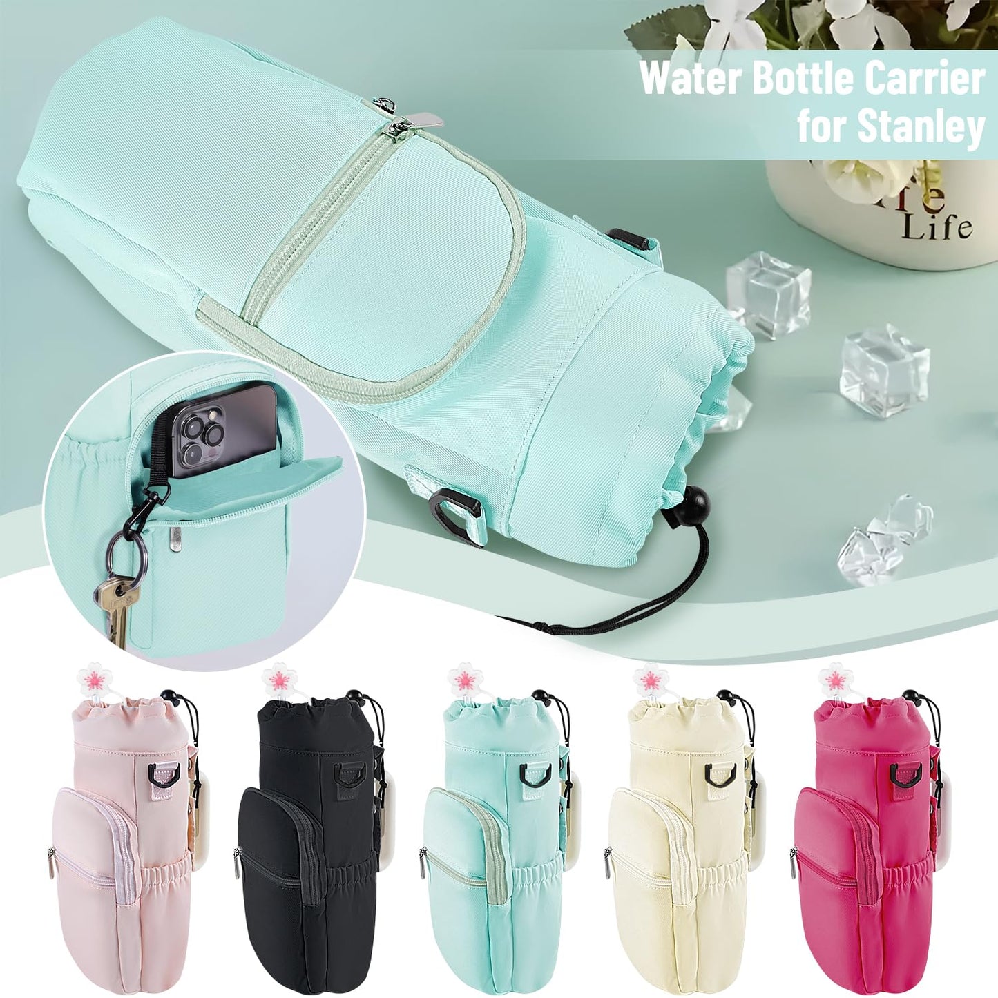 2win2buy Stanley Tumbler Carrier Bag - Water Bottle Holder with Strap - Sling Bag for 40 oz Cup - Green, Floral Pattern