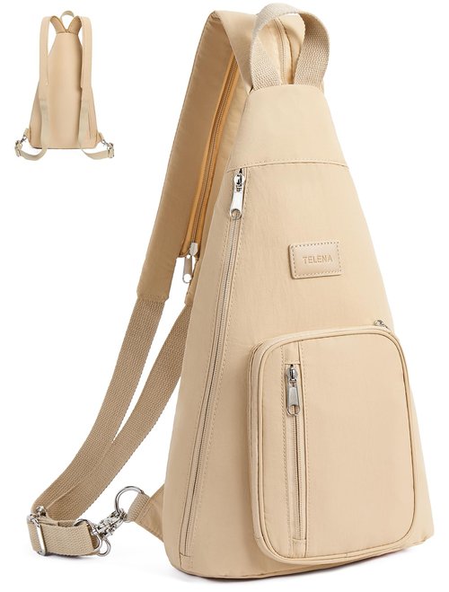 Telena Sling Bag Crossbody Backpack for Women Man 2 in 1 Lightweight Chest Bag Casual Daypack Backpacks for Travel Hiking Khaki